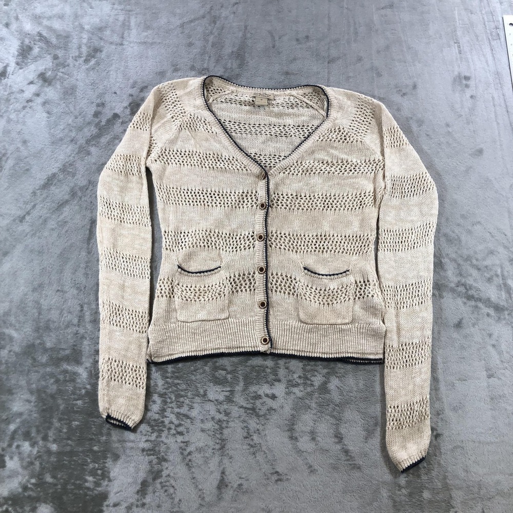 Lucky Brand Cardigan Sweater Womens Medium Beige Open Knit Linen Button Front